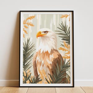 Stampa artistica di aquila calva, poster di foresta di pini costieri, illustrazione di uccello rapace, decorazione murale della natura, stampa artistica su carta