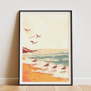 Póster de playa con pájaros playeros, arte de pared costero, impresión de marea ondulada, regalo para amantes de las aves, decoración de casa de playa, impresión de playeros, tema oceánico, paisaje marino