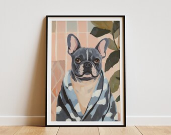 Franse bulldog badjas kunstprint badkamer muur decor schattige hond poster grappige dieren kunst huisdier portret modern interieur hondenliefhebber cadeau