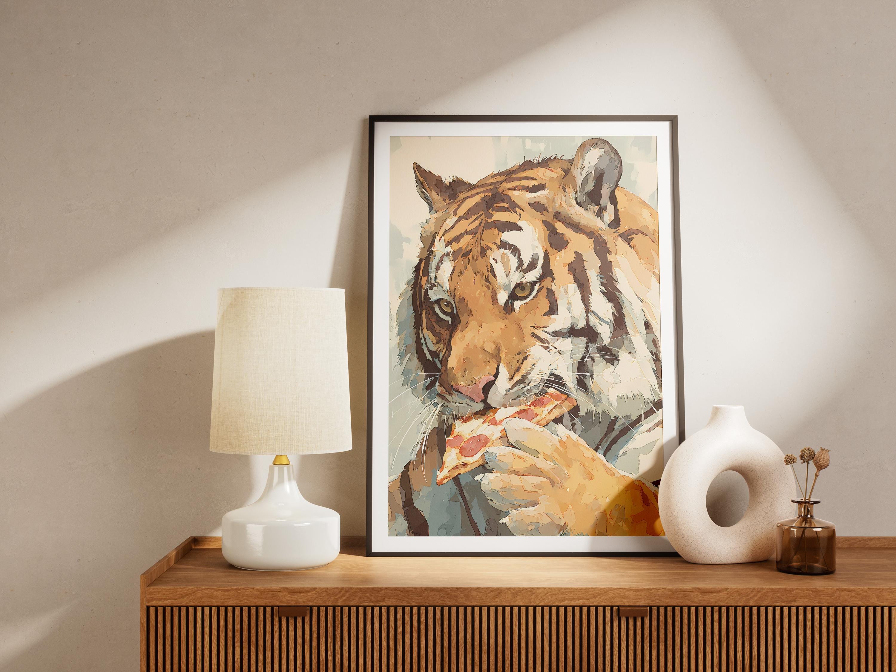 Humorous Tiger Eating Pizza Digital Art Print Poster Whimsical