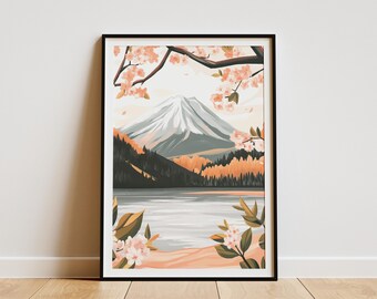 Fuji San Poster | Mount Fuji Art Print | Pink Sky Cherry Blossom Yuzu ...