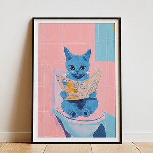 Póster de gatito azul ruso, impresión artística divertida de gato, decoración de pared para baño, ilustración de animal lindo, decoración peculiar para el hogar, impresión humorística para el baño, amante de los gatos