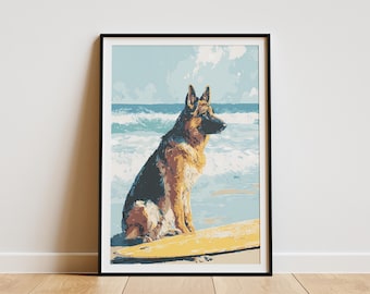 German Shepherd Dog Art Print Beach Surf Dog Wall Decor Coastal Animal Artwork Ocean Scene Pet Lover Gift Surfboard Home Art Canine Beach