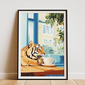 Impresión artística de Tiger Cafe, pintura al óleo inspirada en Matisse, póster de animales peculiares, regalo para amantes del café, decoración acogedora para el hogar, arte de pared caprichoso