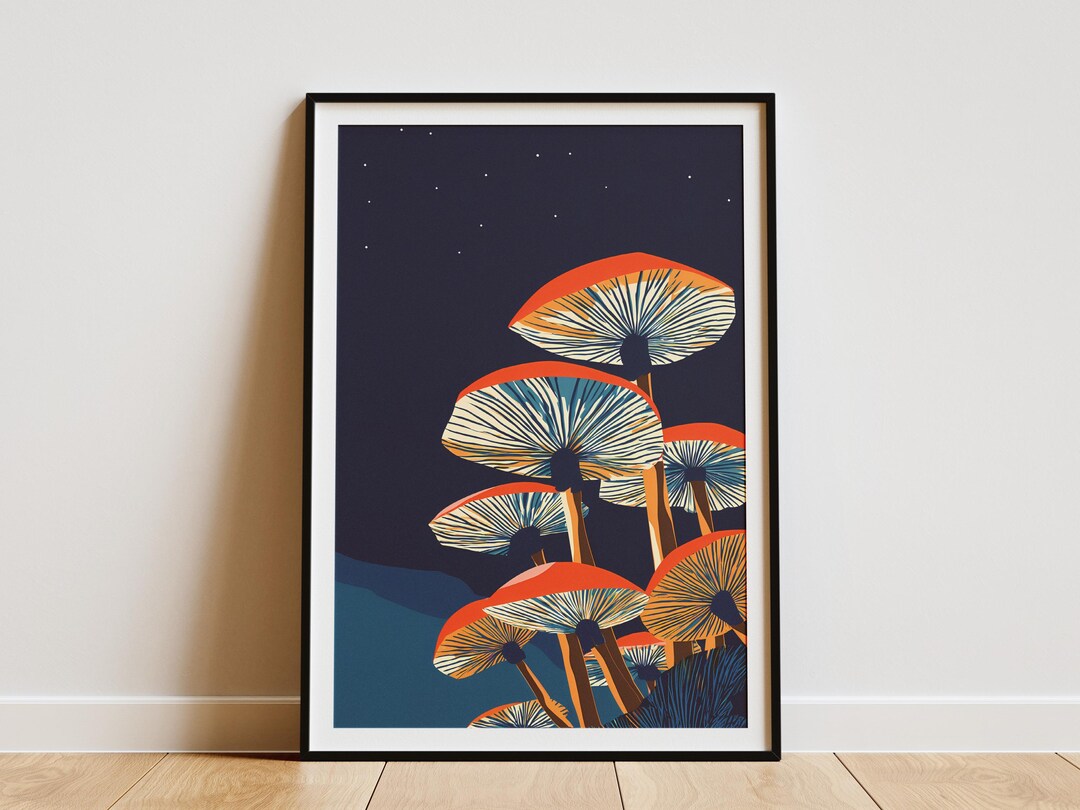 Glowing Mushroom Forest Night Sky Art Print Vibrant Fungi Wall Decor ...