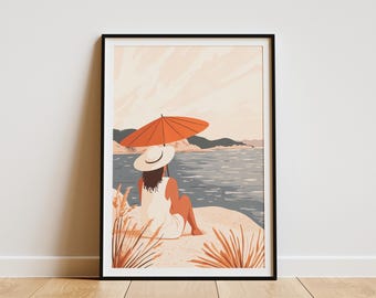 Summer Vacation Beach Poster Coastal Woman Relaxing under Parasol Bohemian Summer Vibes Modern Art Print  Wall Art Beach Decor Summer Gift