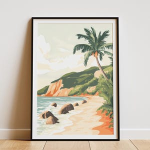 Póster con palmera de playa tranquila, arte de pared costero, escena oceánica, decoración de vacaciones de verano, decoración de casa de playa, paraíso tropical junto al mar