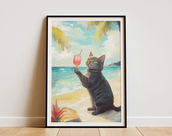 Summer Beach Cat Poster Cute Cat by the Sea Tropical Kitty Print Funny Cat Art Domestic Shorthair Summer Vacation Beach Animals Funny Pet