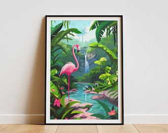 Tropical Flamingo Poster Wall Art Print Jungle Art Print Pink Flamingo Art Print Home Decor Bedroom Decor Modern Wall Art