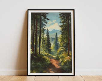May include: Framed art print of a forest scene. Tall, dark green trees line a path that leads into the distance. The sky is a light blue with fluffy white clouds. The artwork is in a black frame.
