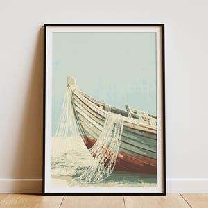 Impresión de arte de pared con barco costero, decoración náutica, red de pesca y póster de barco de madera desgastada, decoración de casa de playa, arte de paisaje marino Cottagecore