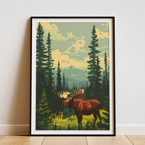 Cartaz de floresta de alce Cartaz de viagem vintage Abstrato Arte da natureza moderna de meados do século Cartaz de árvore Impressão Arte animal da floresta