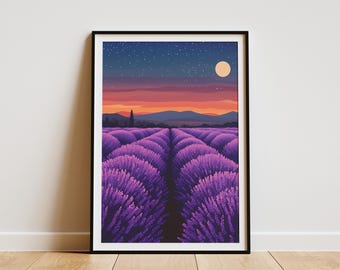 Lavender Field at Night Purple Sunset Stars Moon Nature Art Print Botanical Poster Peaceful Landscape Wall Decor Home Decor Gift