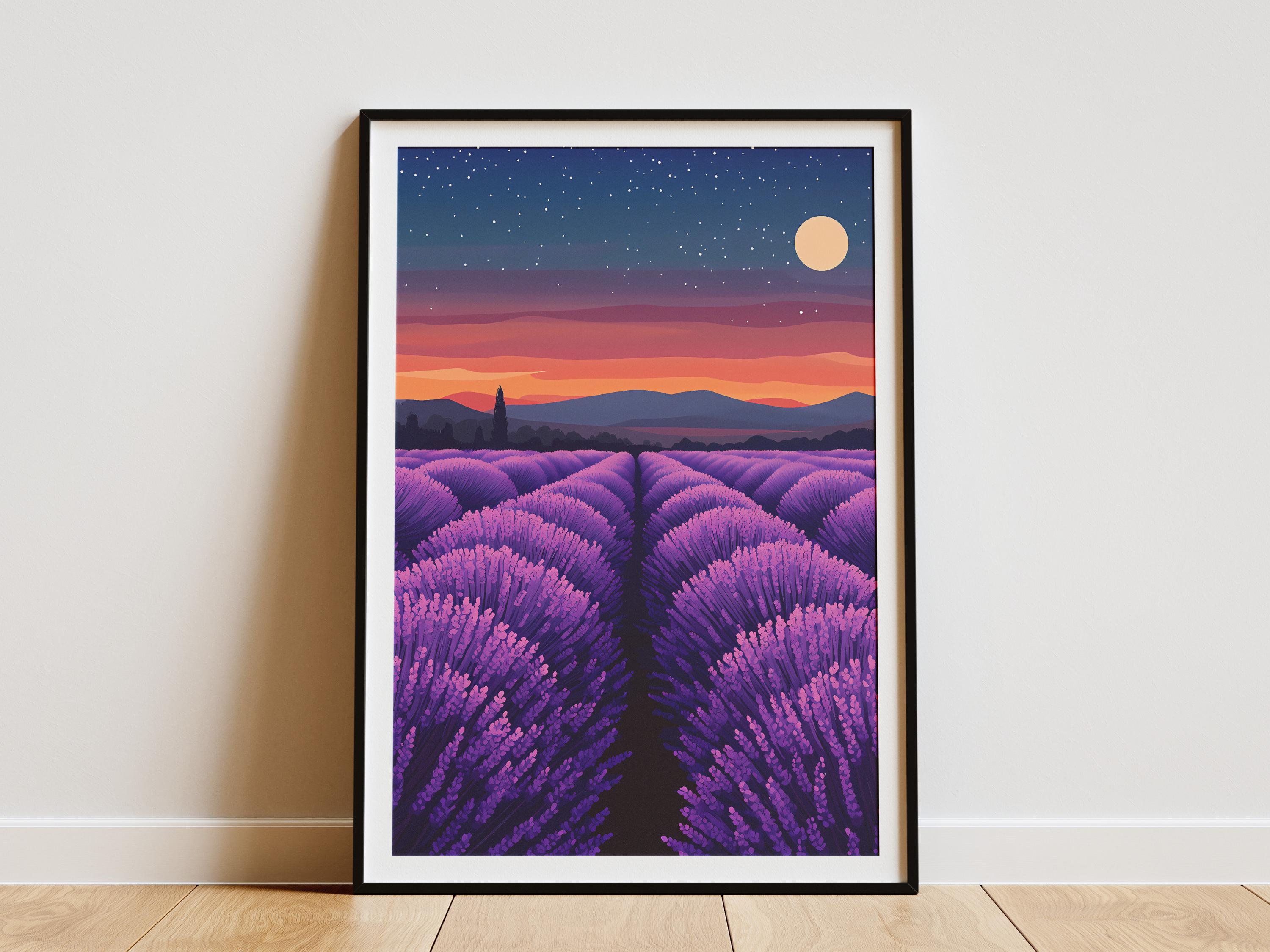 Lavender Field at Night Purple Sunset Stars Moon Nature Art Print