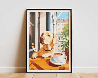 Dog Cafe Art Print Matisse Style Painting Coffee Lover Gift Dog Lover Present Cozy Cafe Scene Poster Modern Wall Decor Pet Art Print
