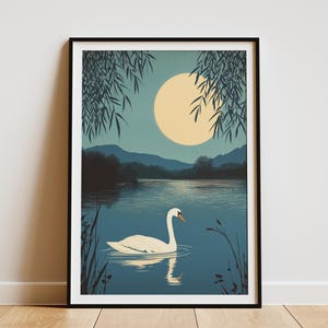 Impresión artística de cisne en el lago iluminado por la luna, póster de estilo tradicional chino, decoración de pared natural, arte elegante de aves, decoración del hogar pacífica, arte paisajístico sereno