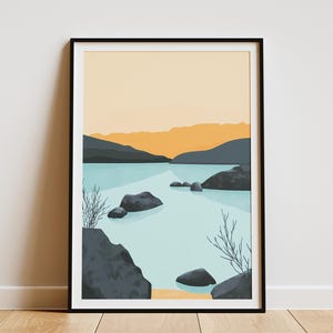 Póster de la laguna azul de Islandia, impresión minimalista de paisaje escandinavo, arte natural de lago de agua azul, decoración del hogar, arte de pared, póster de océano en calma