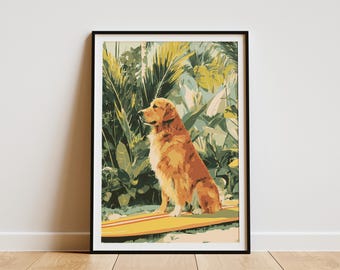May include: A framed art print featuring a golden retriever dog sitting on a yellow surfboard. The dog is depicted in shades of brown and tan, set against a backdrop of lush green and yellow tropical foliage. The artwork has a vintage, illustrative style.