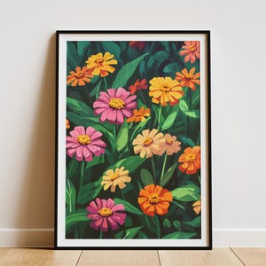 Vibrant Zinnia Garden Poster Botanical Illustration Print Summer Flower Art Rustic Garden Decor Floral Wall Art Flower Meadow Pink Orange
