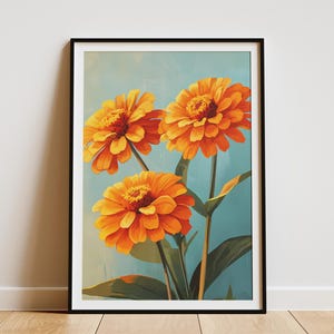 Orange Zinnia Flower Poster Botanical Summer Flowers Print Orange Floral Wall Art Modern Home Decor Orange Flower Illustration Summer