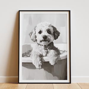 Bichon Frise Puppy Dog in Bathtub Art Print Whimsical Pet Portrait Bathroom Decor Dog Lover Gift Puppy Poster Animal Art Home Decor