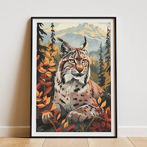 Póster de lince en el bosque boreal, impresión artística de vida silvestre, póster de animales del bosque, decoración de naturaleza de montaña, decoración bohemia para el hogar