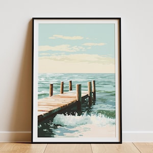 Póster de olas del océano, arte costero, impresión artística, decoración de casa de playa, vacaciones de verano, mar en calma, muelle de madera, arte de pared náutico, moderno, minimalista, azul y verde