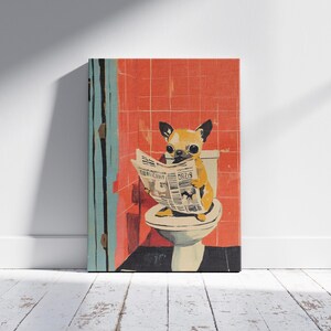 Chihuahua Puppy on Toilet Reading Newspaper Art Print Bathroom Humor Dog Lover Gift Funny Pet Poster Cute Dog Wall Art Quirky Home Decor image 5