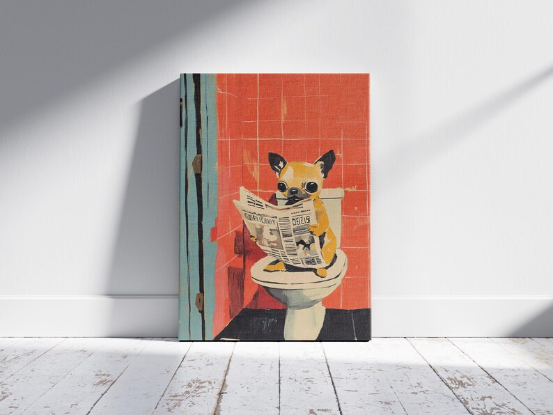Chihuahua Puppy on Toilet Reading Newspaper Art Print Bathroom Humor Dog Lover Gift Funny Pet Poster Cute Dog Wall Art Quirky Home Decor image 5