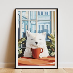 Impresión artística de Arctic Fox Cafe, acogedora cafetería, póster con ilustración animal, arte de pared caprichoso, lindo zorro con taza de café, regalo para amantes de los animales.