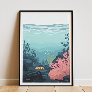 Póster de arrecife de coral oceánico, impresión submarina, arte de pared, decoración de casa de playa, decoración costera, obra de arte minimalista moderna, escena submarina