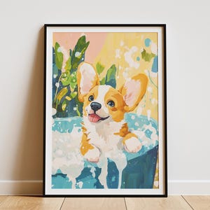 Corgi Puppy in Bathtub Poster Print Cute Dog Wall Art Pet Portrait Puppy Lover Gift Bathroom Decor Playful Animal Art  Print