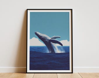 Impresión artística de ballena jorobada saltando, temática hawaiana, arte de pared costero, póster de animales oceánicos, decoración náutica para el hogar, regalo para amantes de las ballenas, arte de vida marina