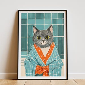 Bata de baño con diseño de gato Scottish Fold, impresión artística para baño, póster de gato lindo, arte animal divertido, regalo para amantes de los gatos, arte caprichoso de gato, decoración de pared para baño