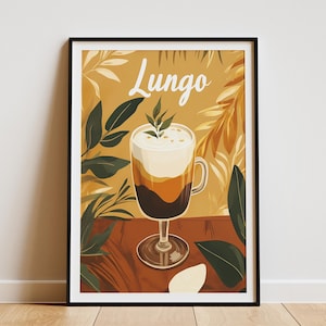 Cartaz de bebida de café Lungo Decoração moderna de cafeteria Impressão minimalista de café Tons de bege e marrom Arte de bebida expresso Arte de parede de café Café