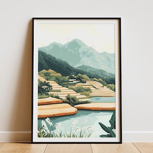 Rice Paddies Poster Asian Landscape Art Terraced Fields Print Green Nature Wall Decor Modern Farmhouse Decor Japanese Rice Paddy Painting
