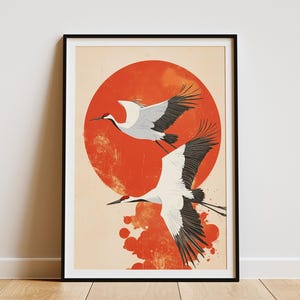 Grúas rojas en vuelo, impresión artística japonesa, póster de aves asiáticas, pintura tradicional china, póster minimalista moderno de vida silvestre, decoración