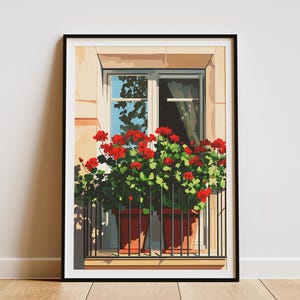 Gerani cremisi, balcone soleggiato, fiori estivi, stampa botanica, fiore rosso, pianta in vaso, arredamento per la casa, poster con pianta rossa