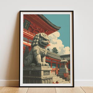 Japanese Komainu Temple Gate Travel Poster Art Print Asian Wall Decor Guardian Lion Dog Shrine Vintage Style Traditional Japan Art Print