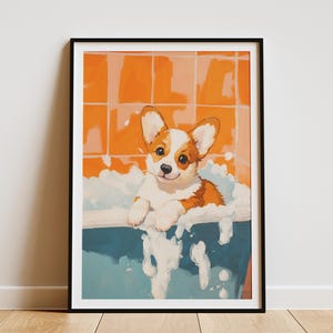 Corgi Puppy Art Print Bathroom Wall Decor Foamy Bathtub Poster Cute Dog Artwork  Pet Portrait Corgi Lover Gift Puppy in Tub Art