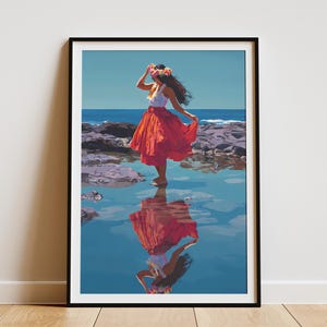 Hawaiian Hula Dancer Art Print Tropical Island Wall Decor Hula Girl in Tidal Pool Poster Coastal Home Decor Hawaiian Art Print Beach House