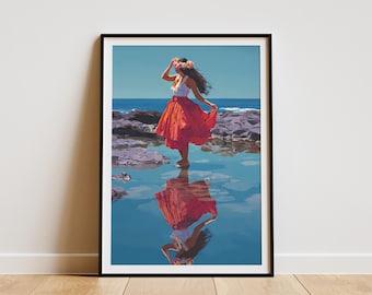 May include: A framed art print depicts a person in a white top and a flowing red skirt, adorned with a floral crown, standing in water. The artwork captures the person's reflection, with a blue sky and ocean in the background.