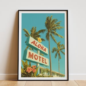 Stampa artistica con cartello retrò Aloha Motel, poster da viaggio hawaiano vintage, decorazione da parete moderna di metà secolo, isola tropicale, casa per le vacanze