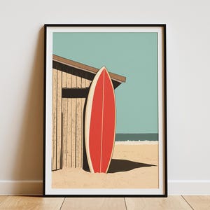 Póster minimalista de playa con diseño de cabaña de surf, tabla de surf roja, arte de pared, decoración de vacaciones de verano para el hogar, arte costero, impresión tropical, regalo para casa de playa oceánica