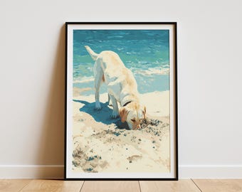 Playful Yellow Labrador Retriever Dog Beach Print Coastal Ocean Sand Digging Pet Wall Art Summer Dog Lover Gift Animal Art Decor