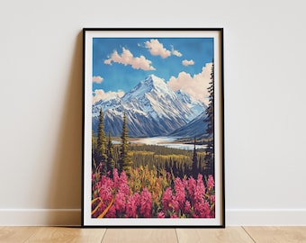 Denali nationalpark affisch Vintage resekonsttryck Alaska bergsväggkonst Denali-tryck Heminredning Presentidé Nationalparker Konstposter