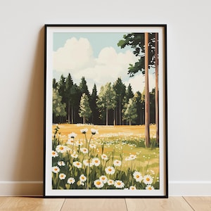 Daisy Meadow Summer Poster Wildflower Meadow Art Print Cottagecore Aesthetic Wall Decor Botanical Illustration Nature Scene Floral Meadow