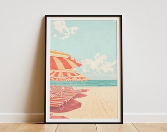 Beach Umbrella Poster Summer Vacation Print Coastal Decor Summertime Beach Scene Red White Striped Umbrellas Sandy Beach Ocean View Art