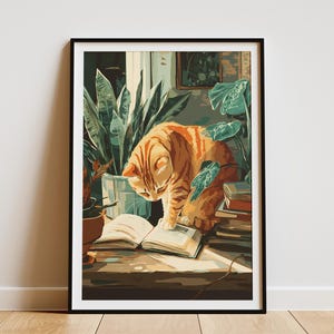 May include: A framed art print depicts a ginger tabby cat engrossed in a book on a wooden table. Lush green plants surround the cat and book, creating a cozy indoor scene. The artwork is in a warm, inviting color palette.