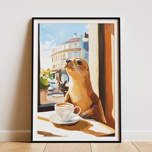 Póster de café con cría de foca, impresión artística de cafetería, póster de animales estilo Matisse, arte de pared para tomar café, impresión artística de foca linda, decoración de cafetería, regalo para amantes de los animales